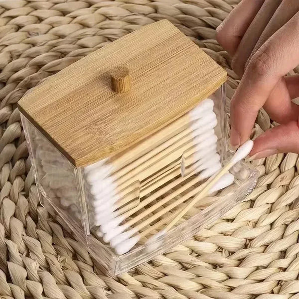 Transparent Cotton Swab & Toiletry Storage Box with Bamboo Lid