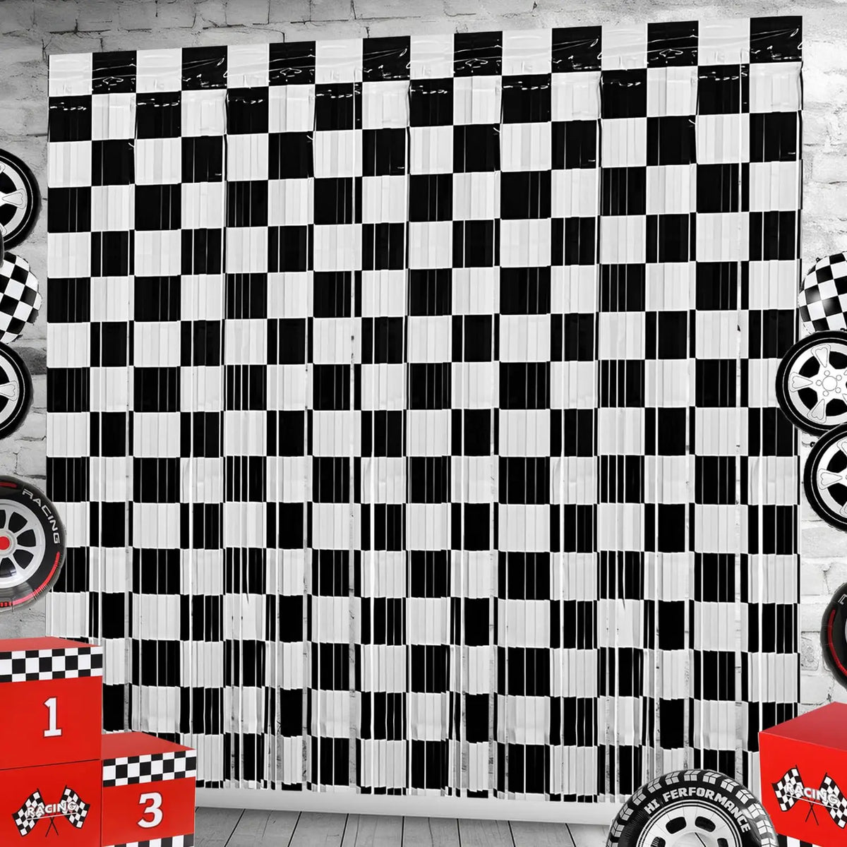 Black & White Checkered Foil Fringe Curtains for Racing Party Decor