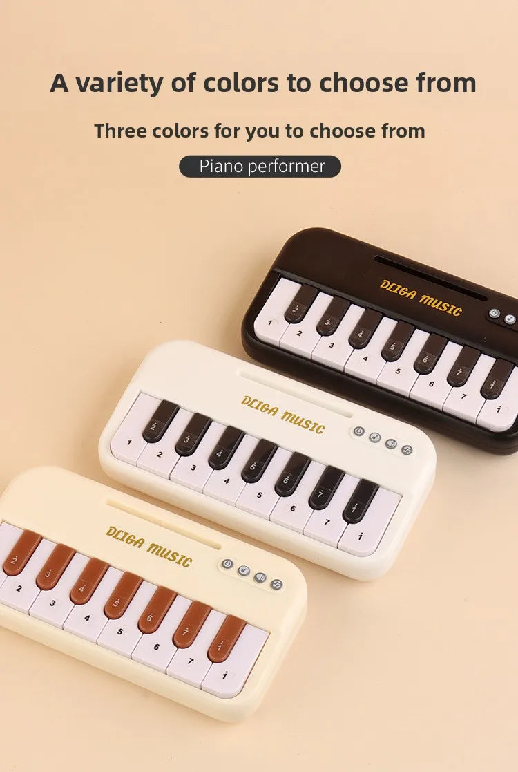 Three mini electronic keyboard pianos in black and white are displayed on a light background.