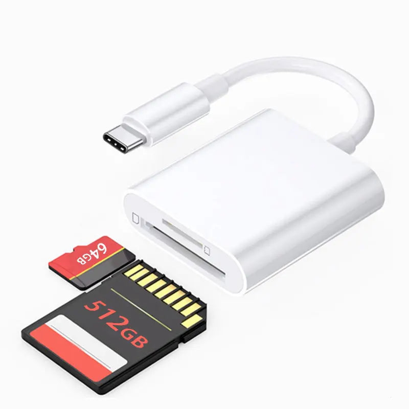 Weißer universeller USB-C-Kartenleser mit flexiblem Kabel und SD-Speicerkarte.