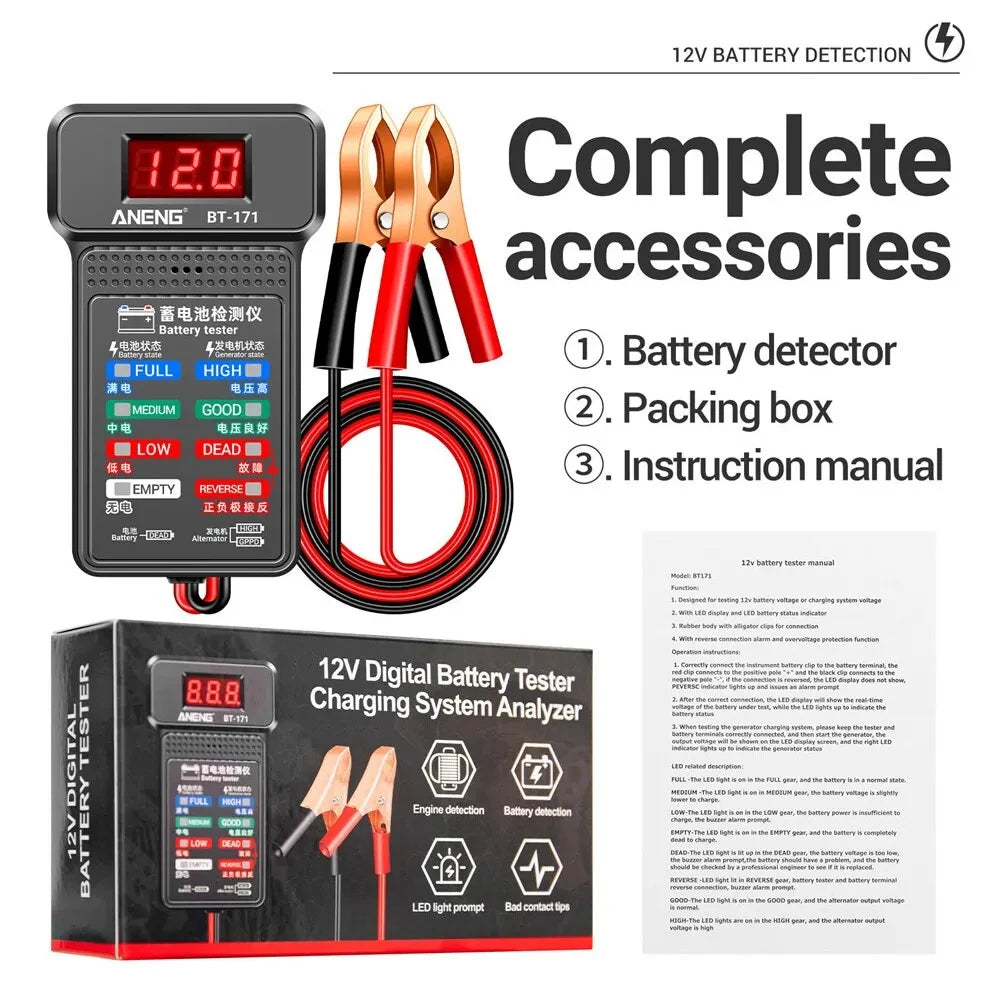 12V Car Battery Tester with LED Display and Reverse Connection Alarm
