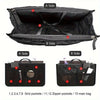 Black foldable makeup organizer bag showing internal and external features including grid pockets and zipper pockets