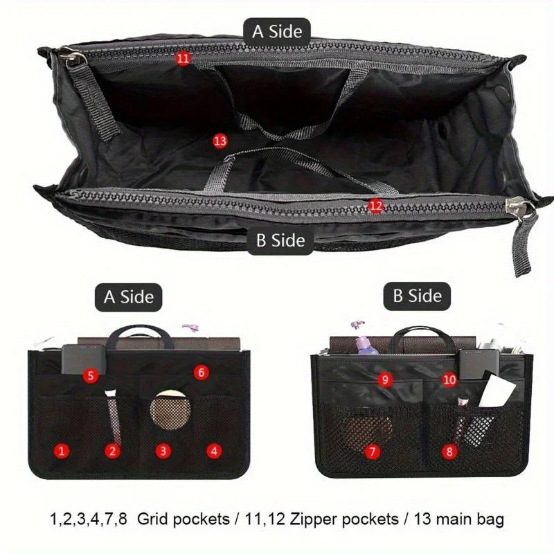 Black foldable makeup organizer bag showing internal and external features including grid pockets and zipper pockets