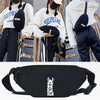 Black linen waist pack featuring a white silhouette of a dog wearing sunglasses