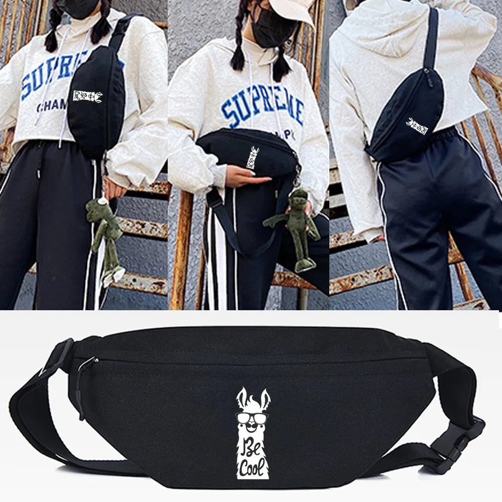 Black linen waist pack featuring a white silhouette of a dog wearing sunglasses