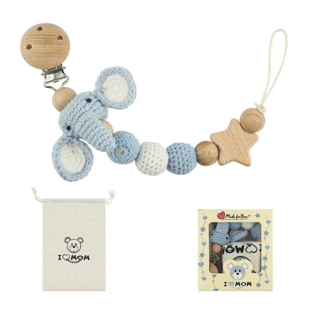 Wooden pacifier clip with crochet beads on a chain for baby teething soother