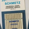 A pack of ten Schmetz universal sewing machine needles is shown in a blue and white cardboard package.