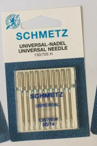 A pack of ten Schmetz universal sewing machine needles is shown in a blue and white cardboard package.