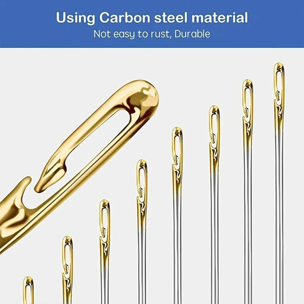 A collection of gold and silver stainless steel self-threading sewing needles shown in various angles.