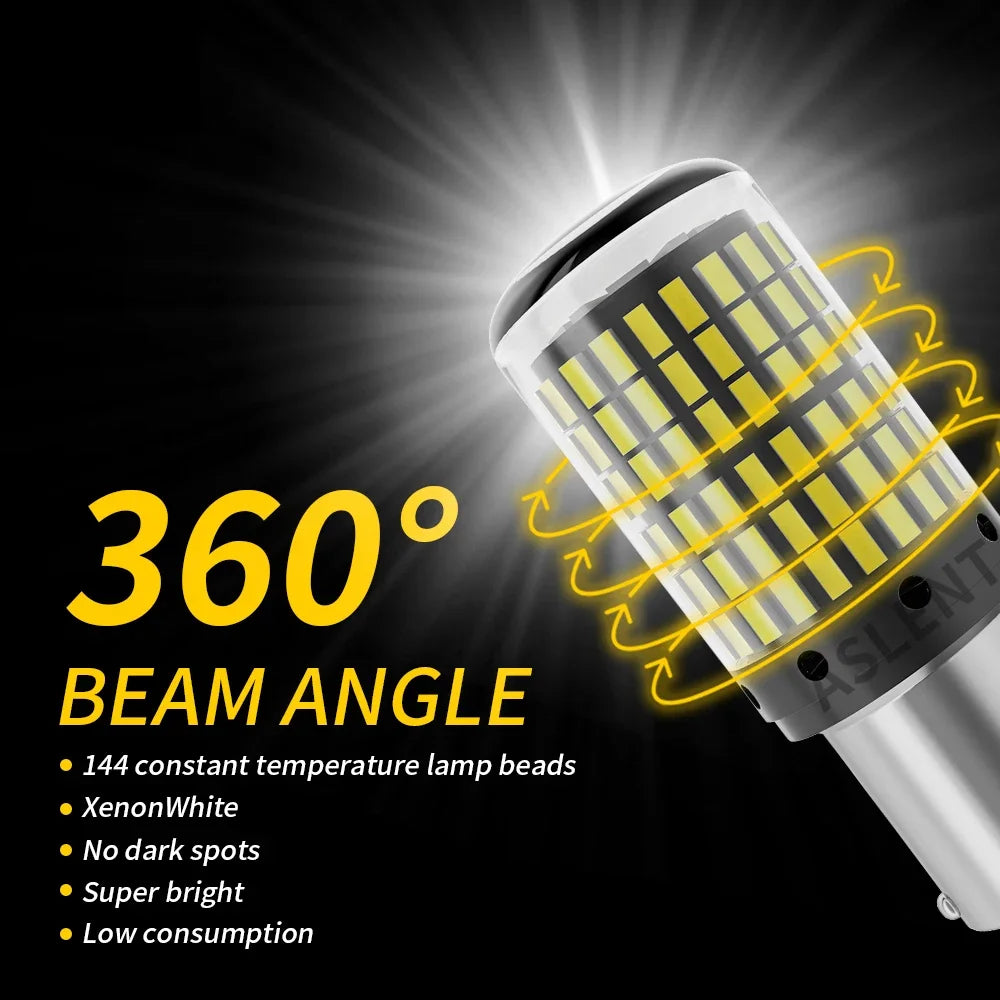 A close-up of a bright LED light bulb with a 360 degree beam angle and yellow light emitted.