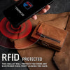 A hand holds a smartphone scanning an RFID protected leather card holder wallet on a brown fabric surface.
