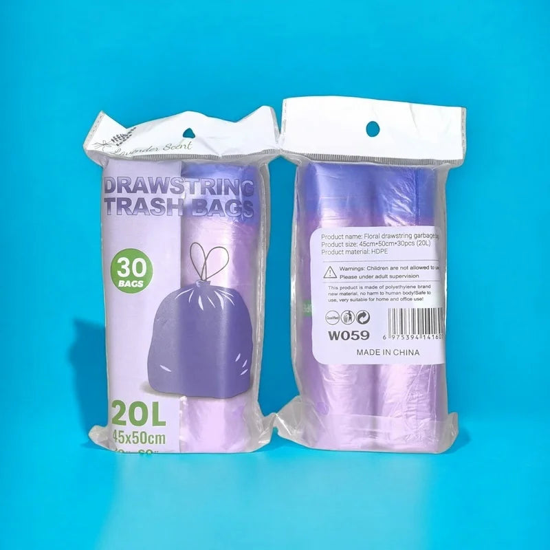 A pair of purple drawstring trash bags with handles are displayed against a blue background.