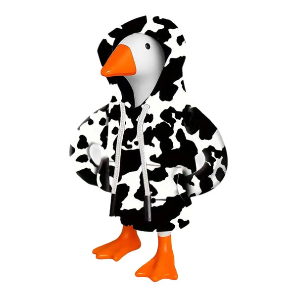 A black and white cow print hoodie featuring a white goose head with an orange beak.