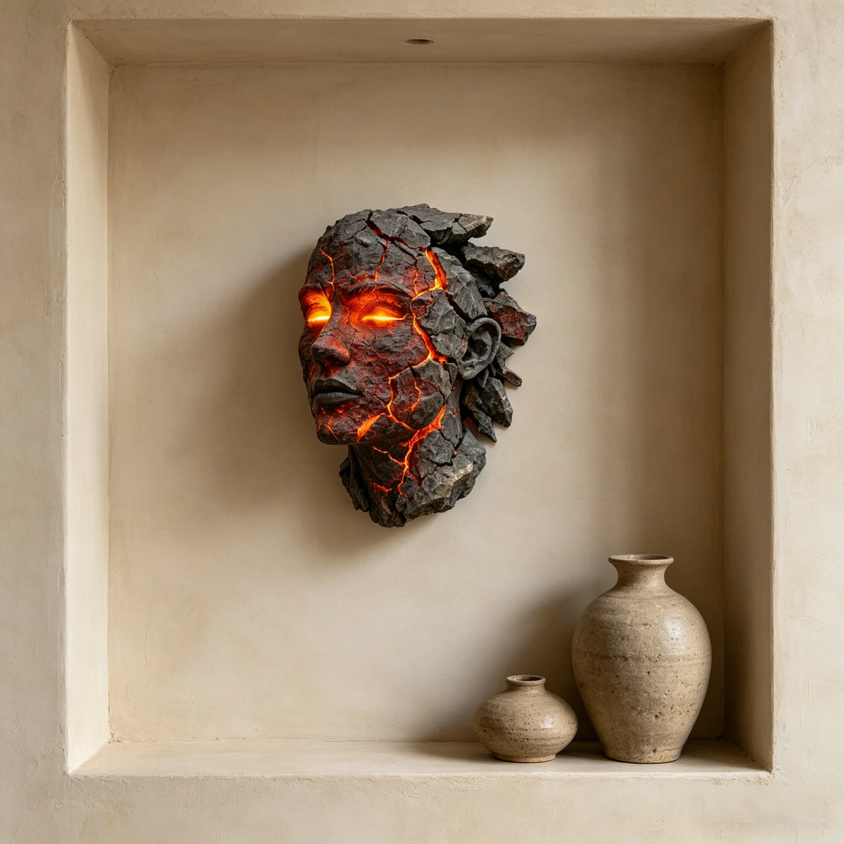 A dark, cracked stone sculpture resembling a face is mounted on a light-colored wall.