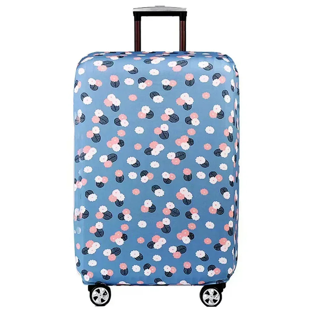 A light blue suitcase with a floral pattern of pink and white flowers.