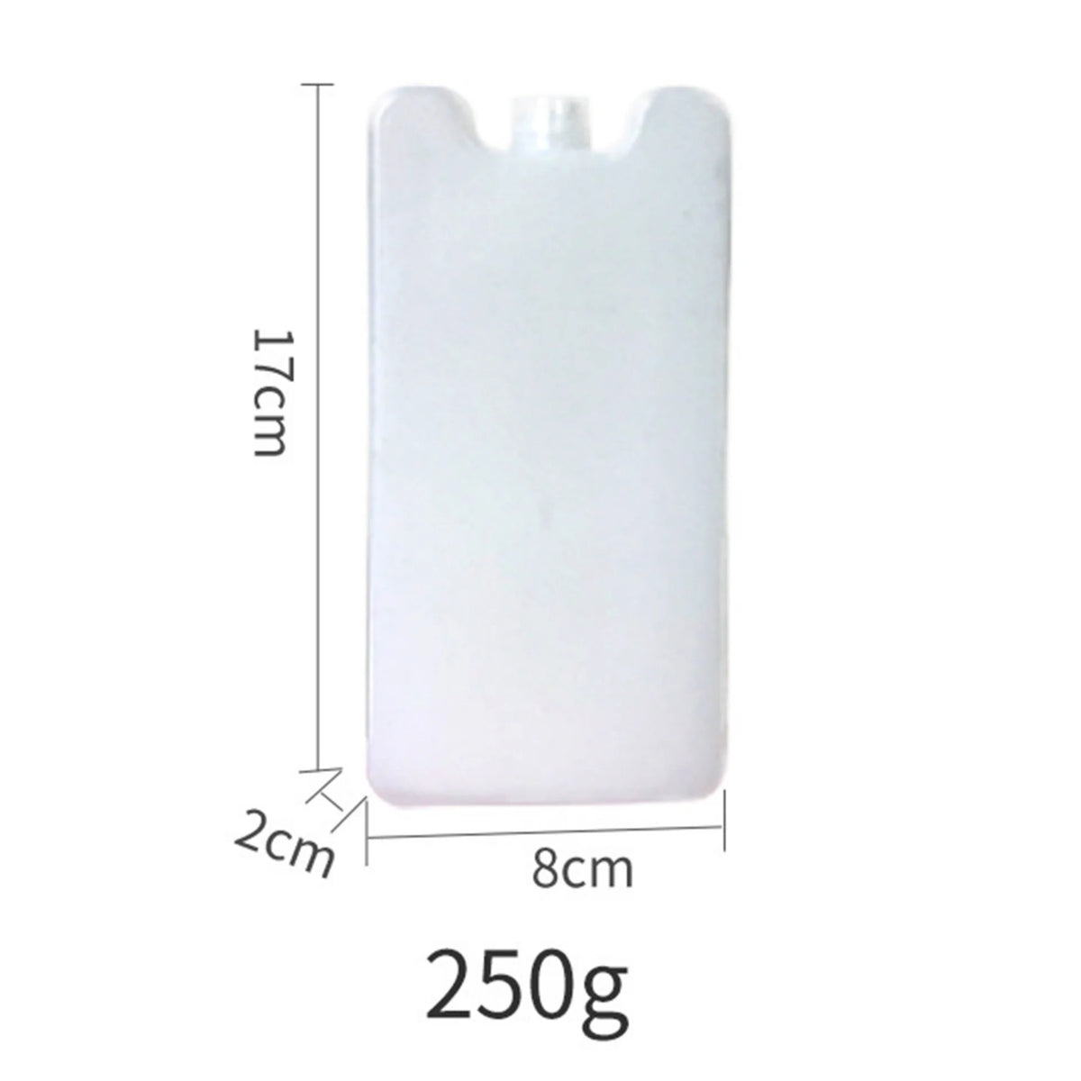 White reusable leak-proof ice pack with dimensions 17cm high and 8cm wide, weighing 250g.