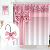 Pink glitter shower curtain with decorative bow tie hooks and pink fringe trim