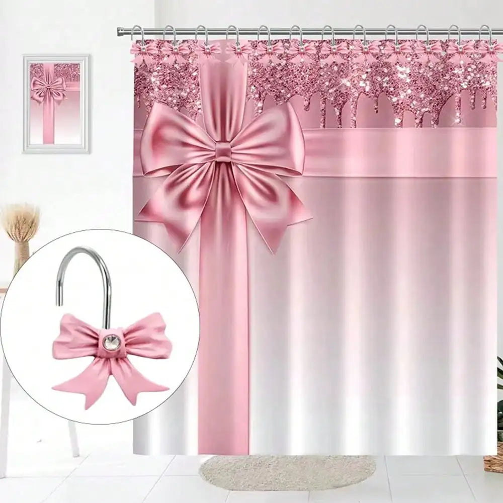 Pink glitter shower curtain with decorative bow tie hooks and pink fringe trim
