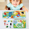 A child holds an open book featuring colorful illustrations and letters for a busy book activity.
