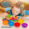 A young child is sorting colorful animal toys into bowls for STEM education learning.