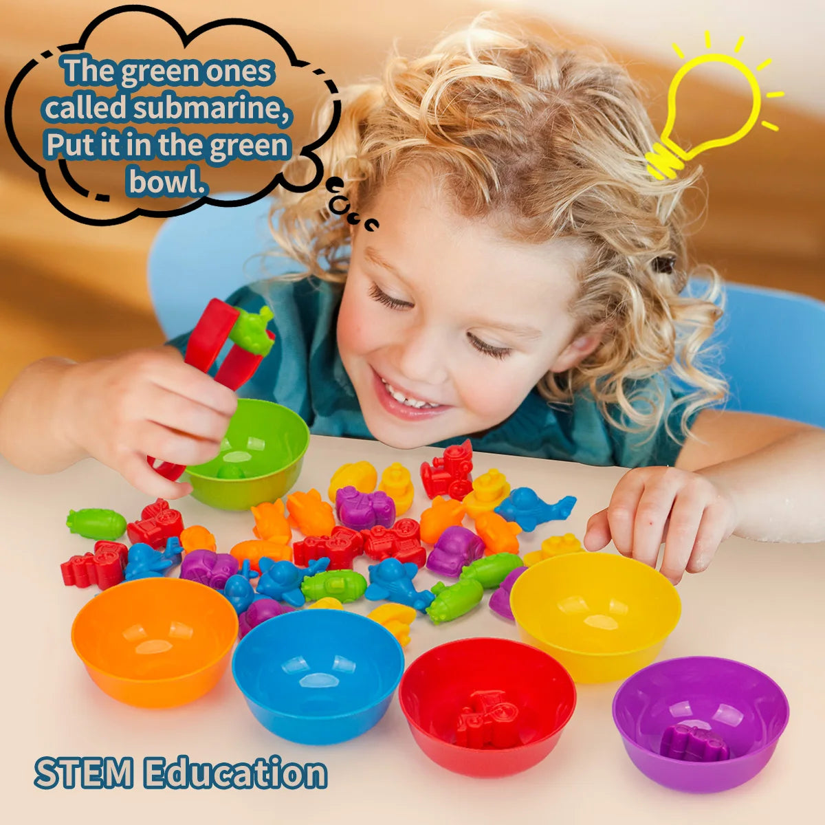 A young child is sorting colorful animal toys into bowls for STEM education learning.