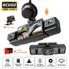Black dashcam featuring four lenses, night mode, and loop recording capabilities.