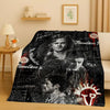 A black and white graphic blanket featuring characters from the Supernatural TV show Timeline 1 and Timeline 2
