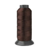 A spool of dark brown heavy-duty nylon sewing thread for upholstery and denim.