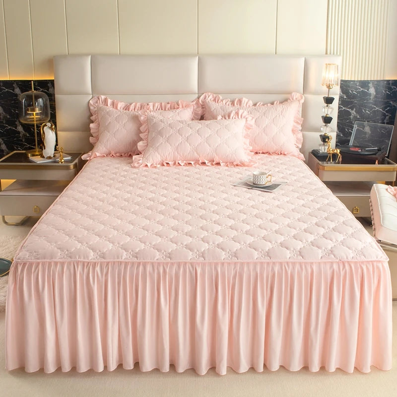 Quilted Solid Color Bed Skirt with Pleated Ruffle