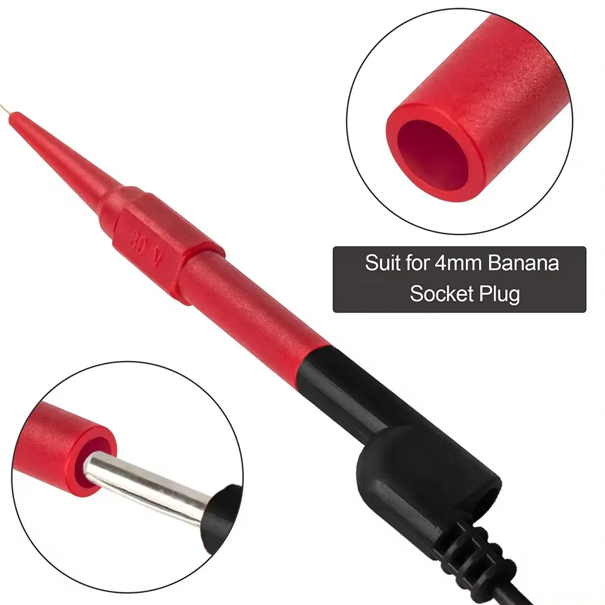 Red multimeter back-piercing test probe kit with a needle tip and a red socket plug for 4mm banana socket.