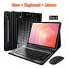 Black keyboard case and accessories for a tablet, including a keyboard, mouse, and stylus holder.