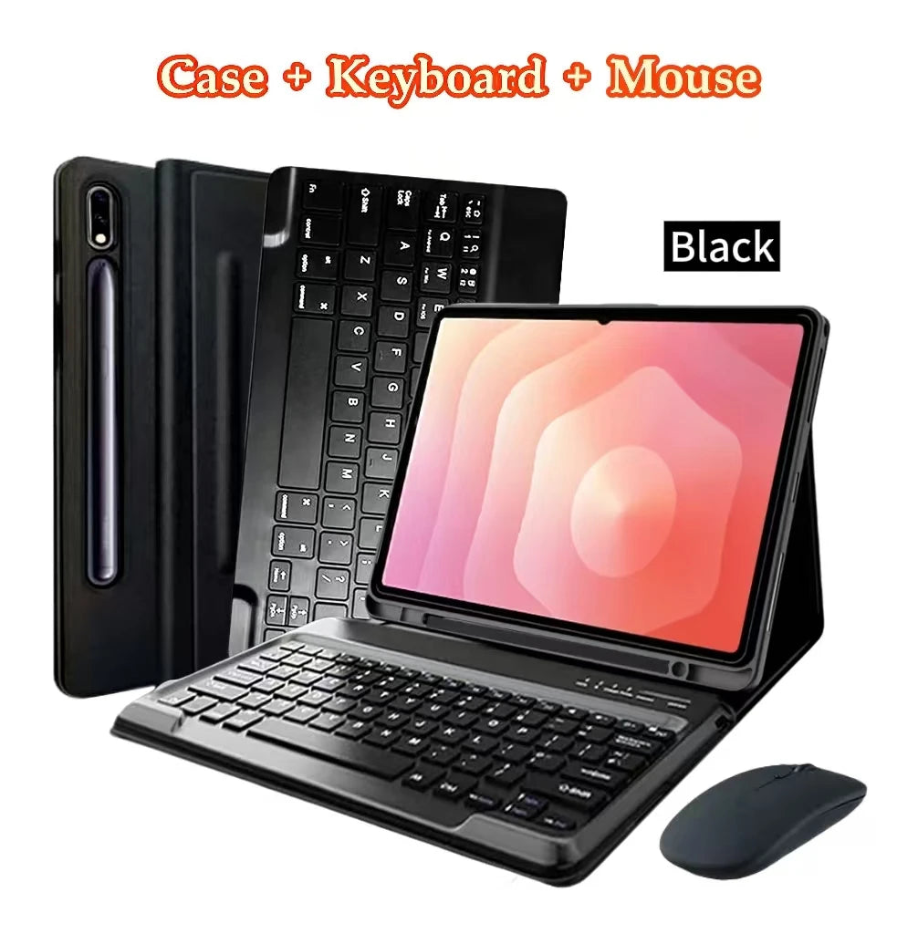 Black keyboard case and accessories for a tablet, including a keyboard, mouse, and stylus holder.