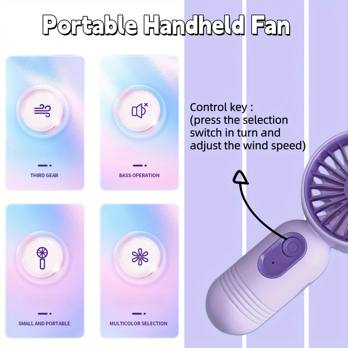 A portable handheld fan with multiple control modes including third gear, bass operation, small and portable, and multicolor 