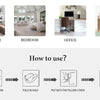 Instructions showing how to use a throw pillow cover: fluff the pillow, fold in half, put into the pillow cover, and zip up.