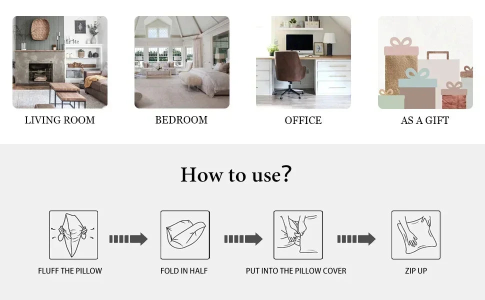 Instructions showing how to use a throw pillow cover: fluff the pillow, fold in half, put into the pillow cover, and zip up.
