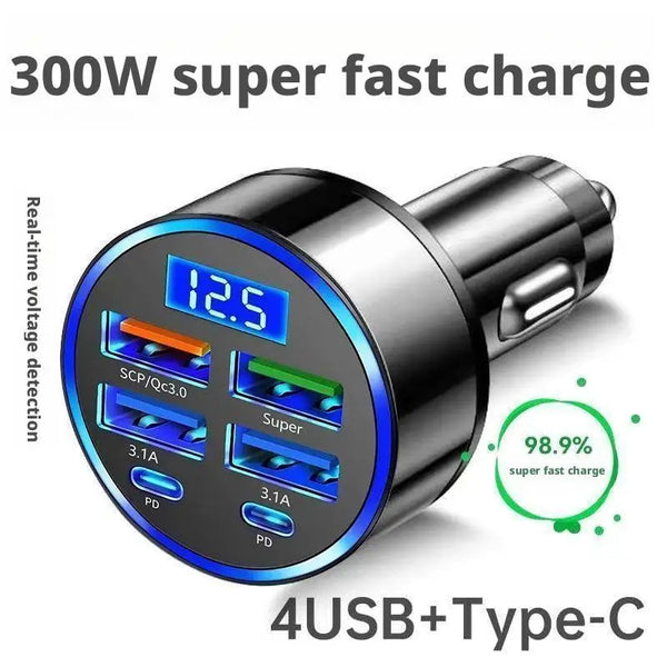 Chargeur auto USB-C 6 ports avec affichage numérique de la tension