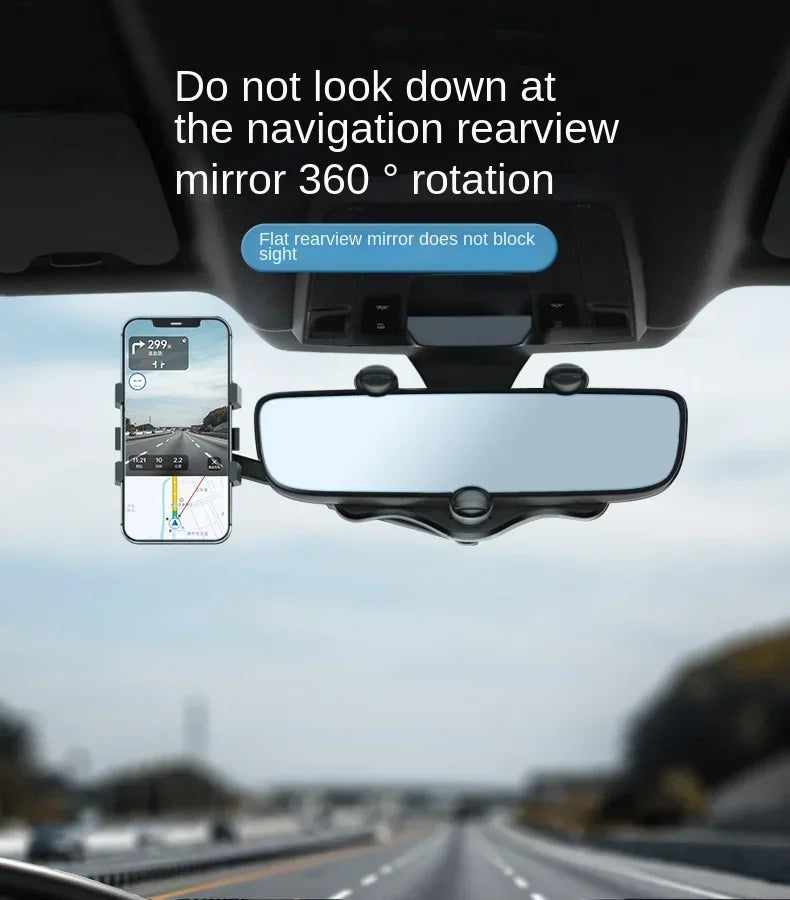 A phone is mounted on a rearview mirror, demonstrating the 360 degree rotation feature.