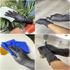 Close-up images showing black nitrile disposable gloves being used for cleaning and handling tasks.