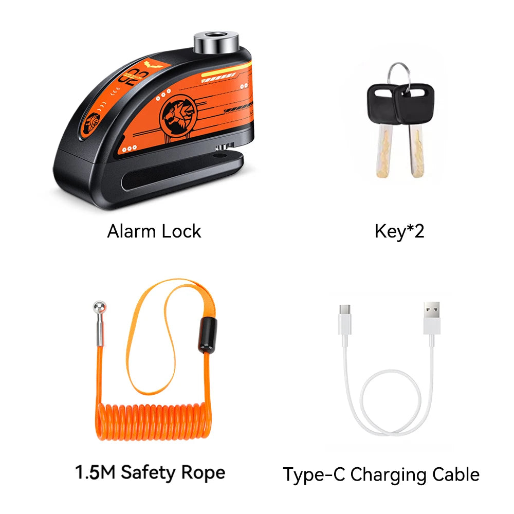A black motorcycle disc brake alarm lock with a key, safety rope, and Type-C charging cable.