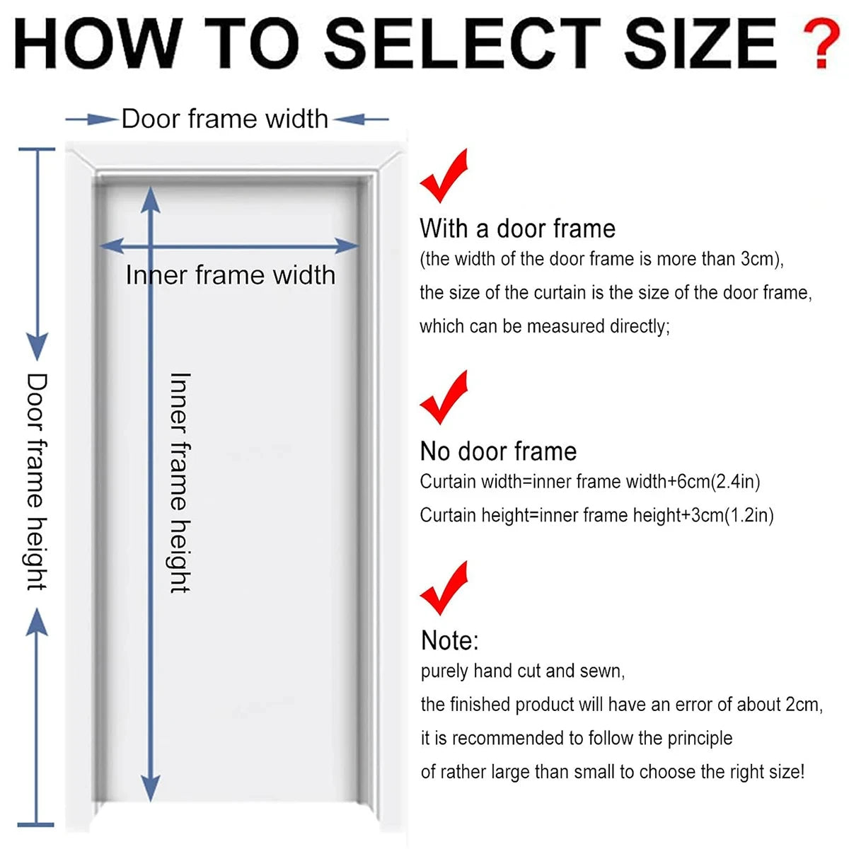 Diagram showing how to select the correct curtain size based on door frame width and height.