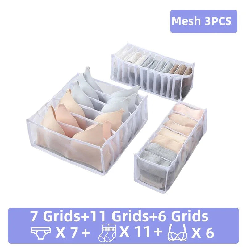Mesh 3PCS foldable closet organizer boxes for storing underwear, socks, and accessories in grids