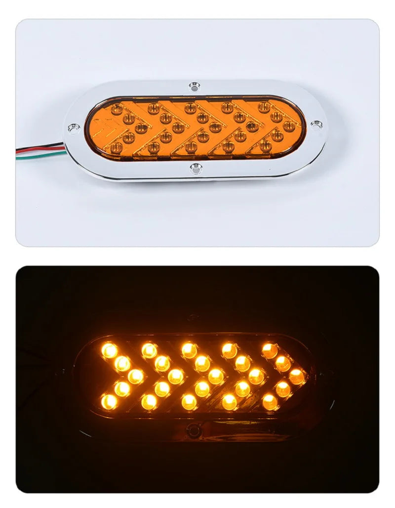 A 6-inch oval LED trailer tail light with a dynamic amber arrow turn signal mounted on a white base.