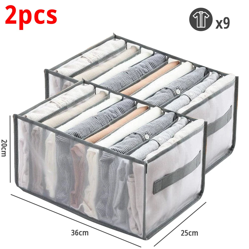 A foldable fabric closet organizer with handles shown in a box view, featuring nine storage compartments.