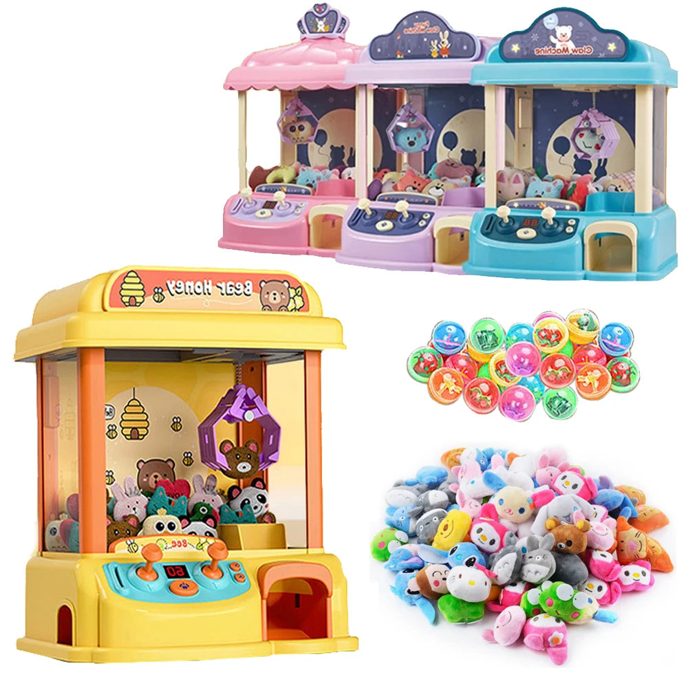 A colorful mini claw crane machine for kids with lights and music, featuring various toys and a pink and blue facade.