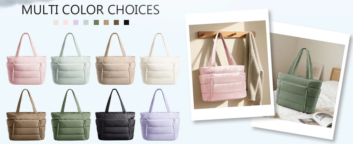 A variety of multi color quilted tote bags in pink, mint green, beige, and black shown with a neutral towel.
