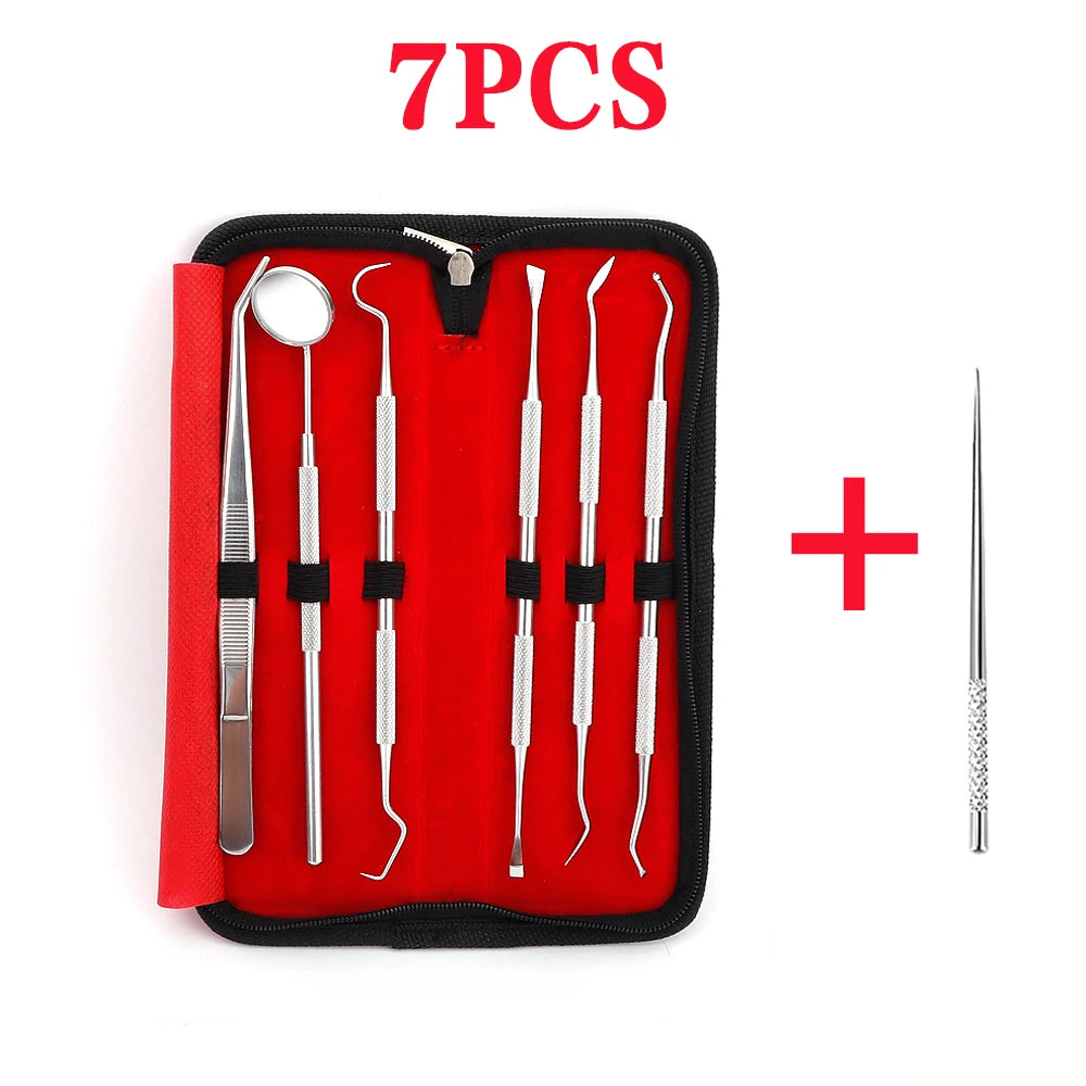 A set of seven stainless steel dental care tools, including various probes and instruments, displayed in a red and black pouc