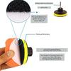 A hand holds a set of colored polishing pads and an electric drill adapter for car scratch removal.