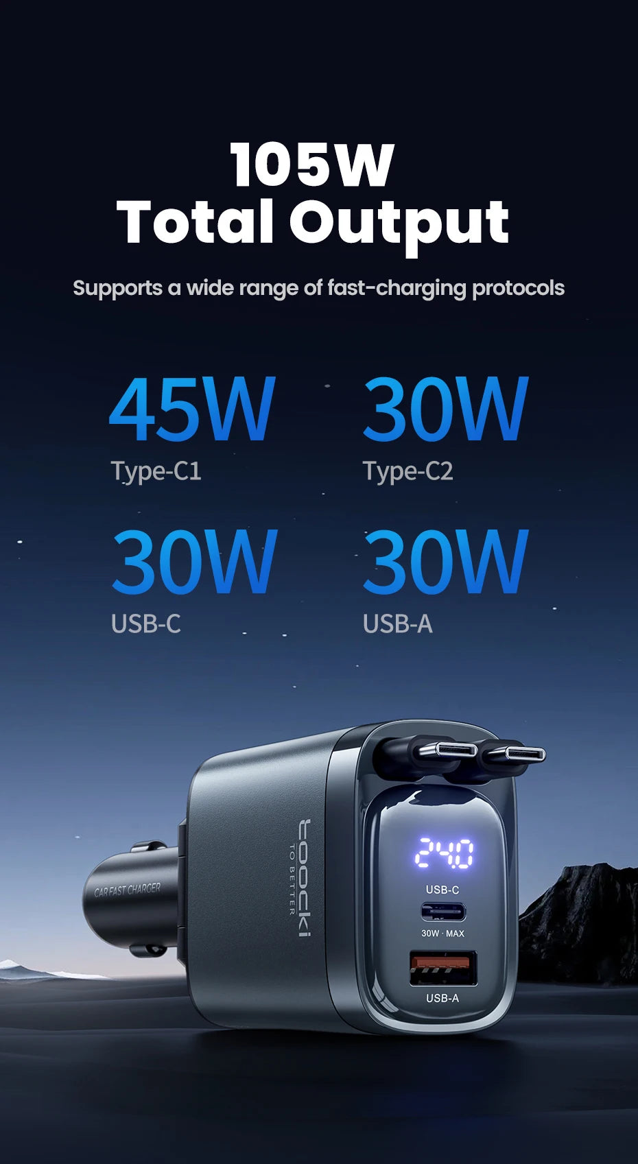 A silver portable car charger with four ports and a digital display showing 240W output.