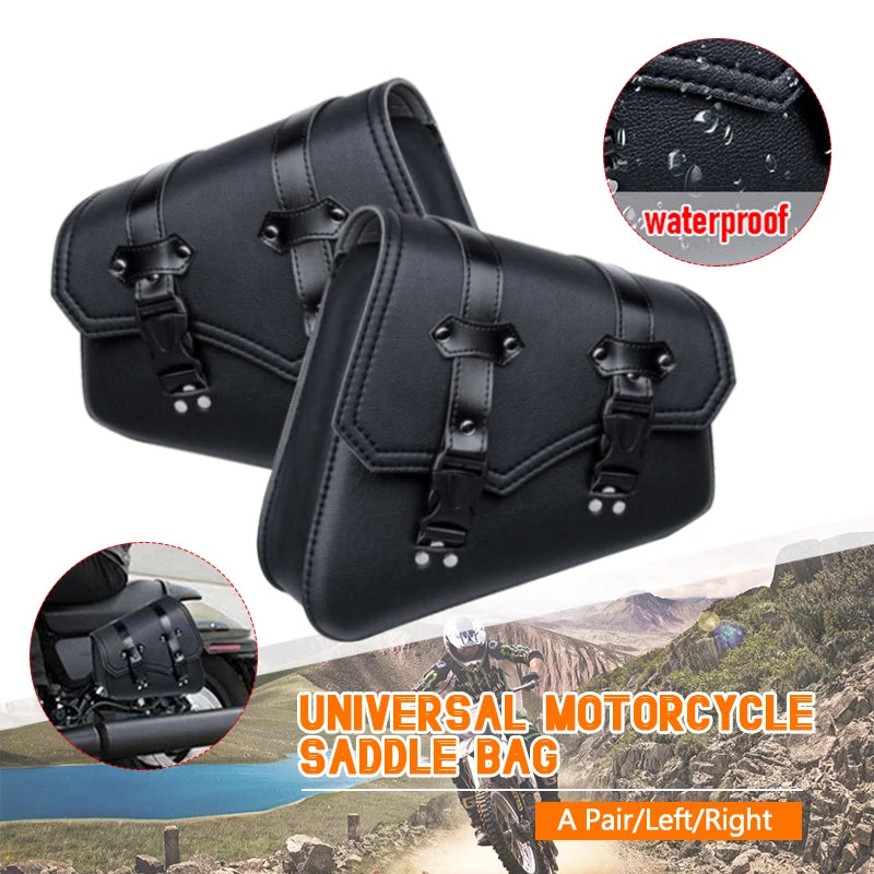 A pair of black PU leather universal motorcycle saddlebags shown with a waterproof feature and in use on a motorcycle.