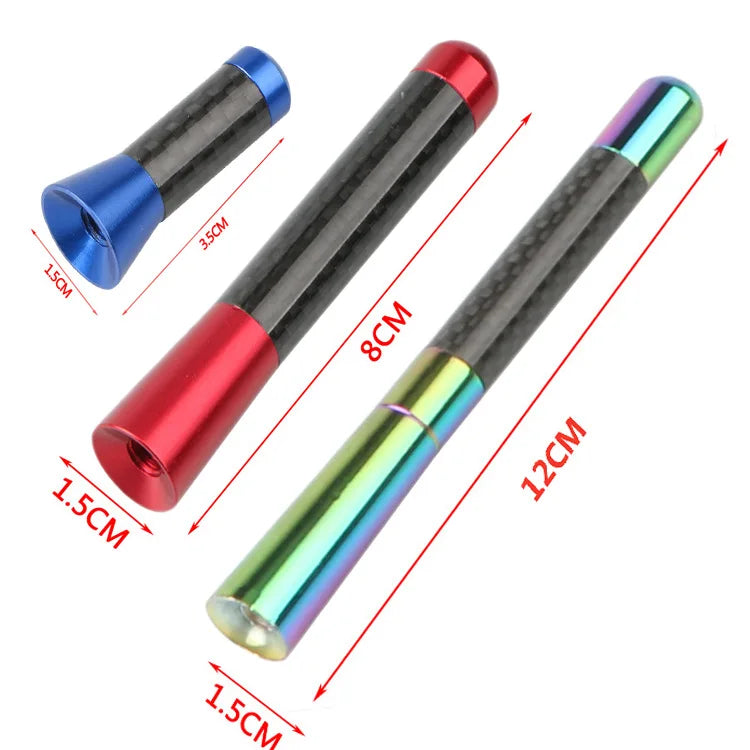Three carbon fiber radio antennas of varying lengths and colors displayed against a white background.